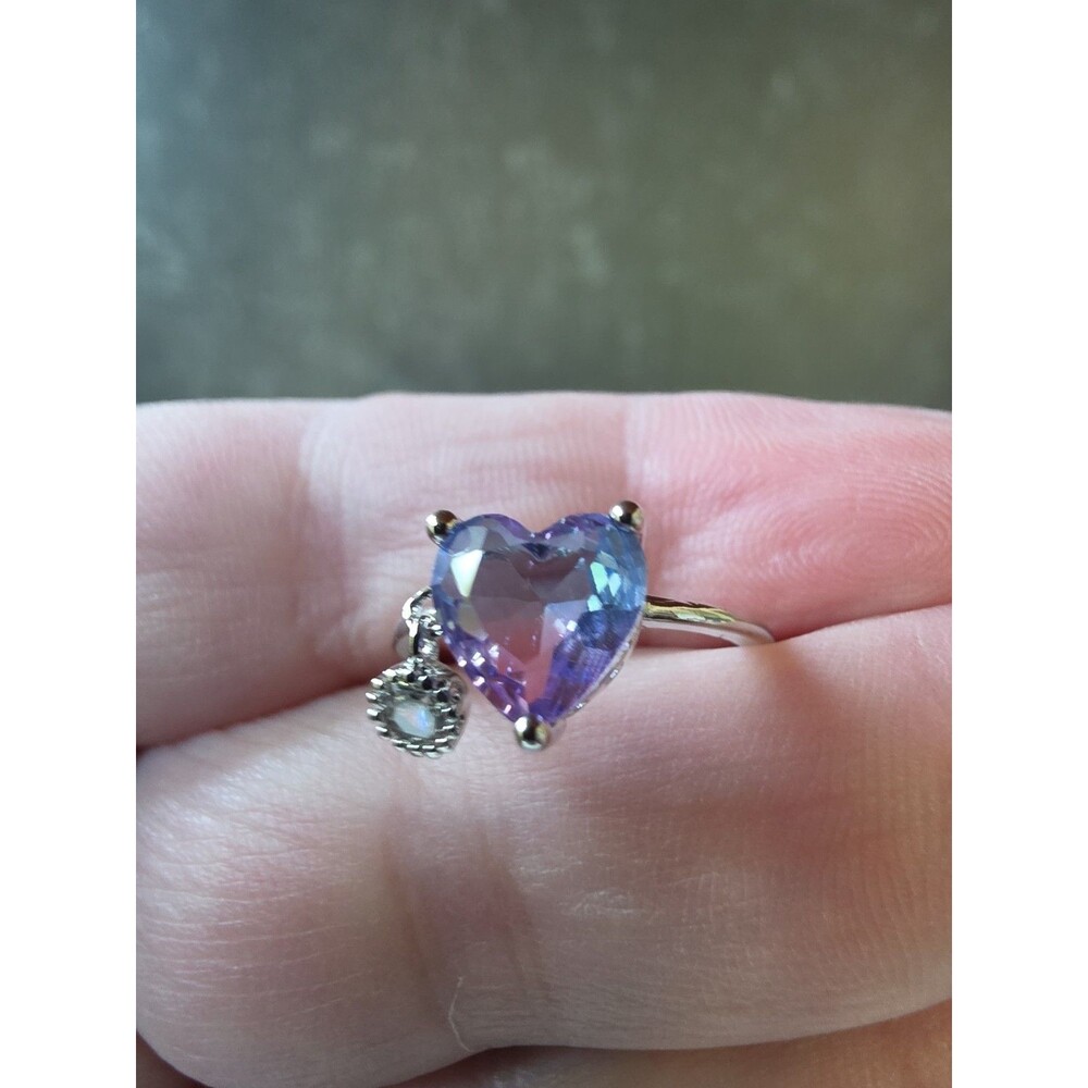 Purple Heart Rhinestone Dangling Charm Silver Tone Metal Open Back Ring Size 5.5